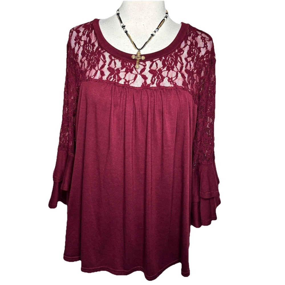 Miselon Blouse XL Burgundy Lace Yoke Tiered Bell Sleeve Boho Scoop Neck Top‎